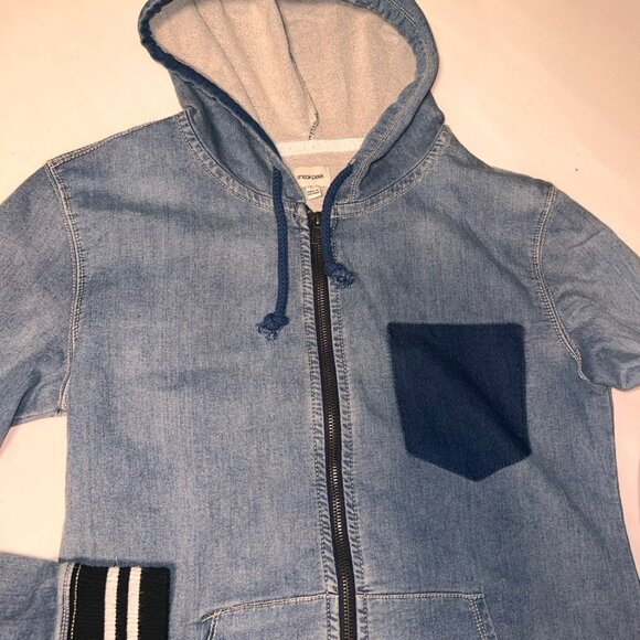Sneak Peek Jacket Womens Blue Long Sleeve Full Zip Pockets Denim Hoodie - Picture 2 of 8